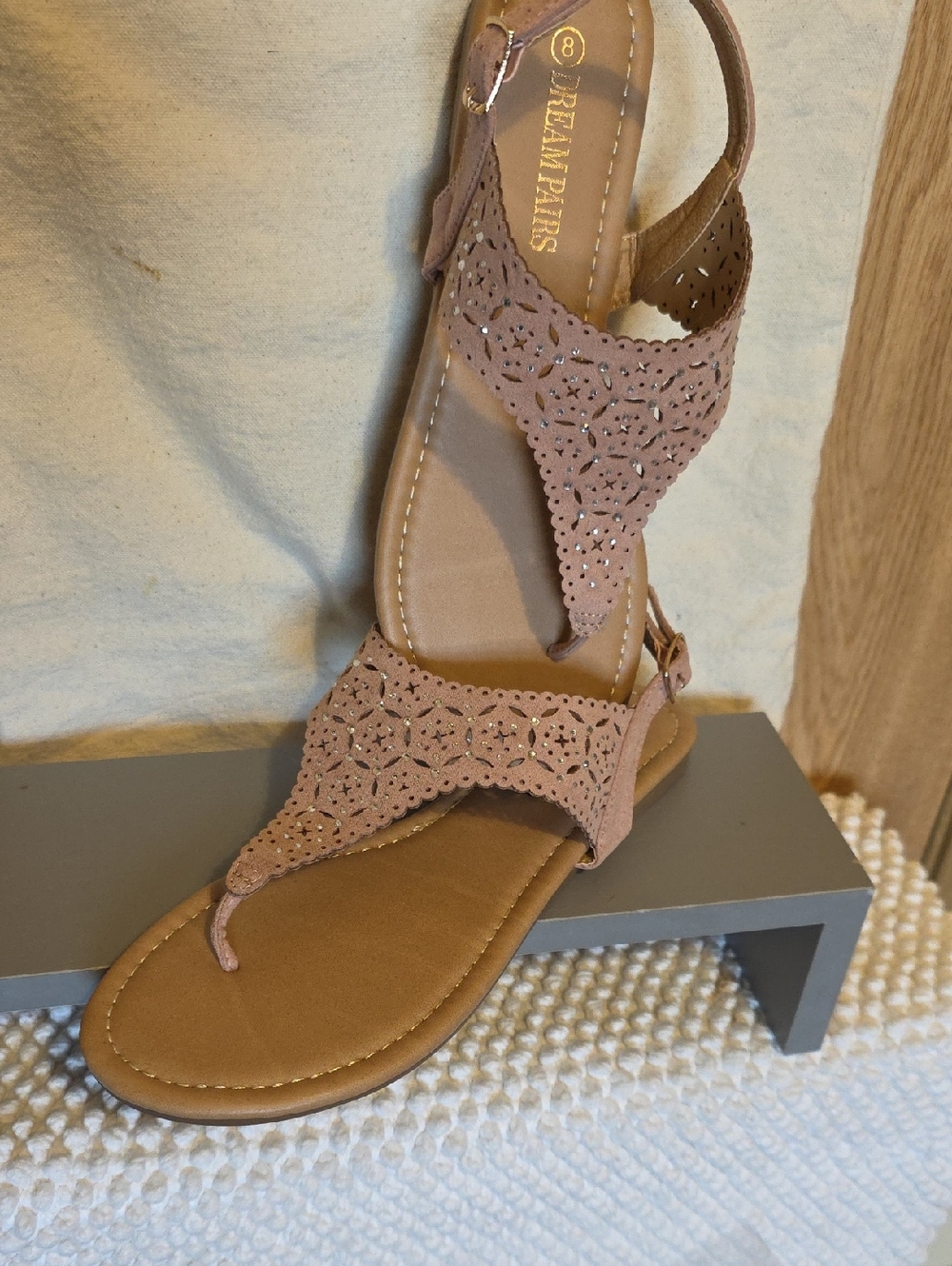 Breatheaires Women’s Taupe Laser-Cut T-Strap Sandals